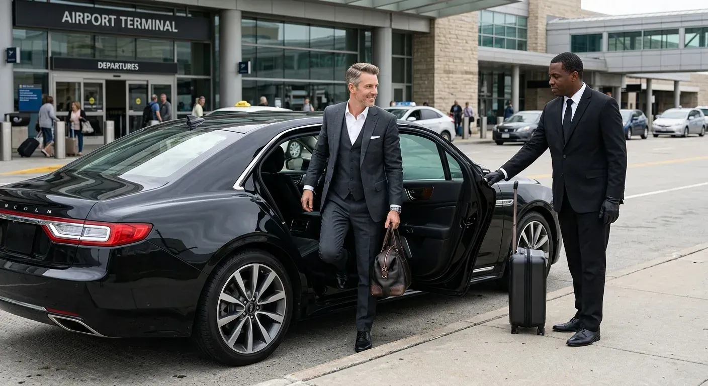 Two men in suits stand beside a black sedan at an airport terminal, one getting out with luggage.