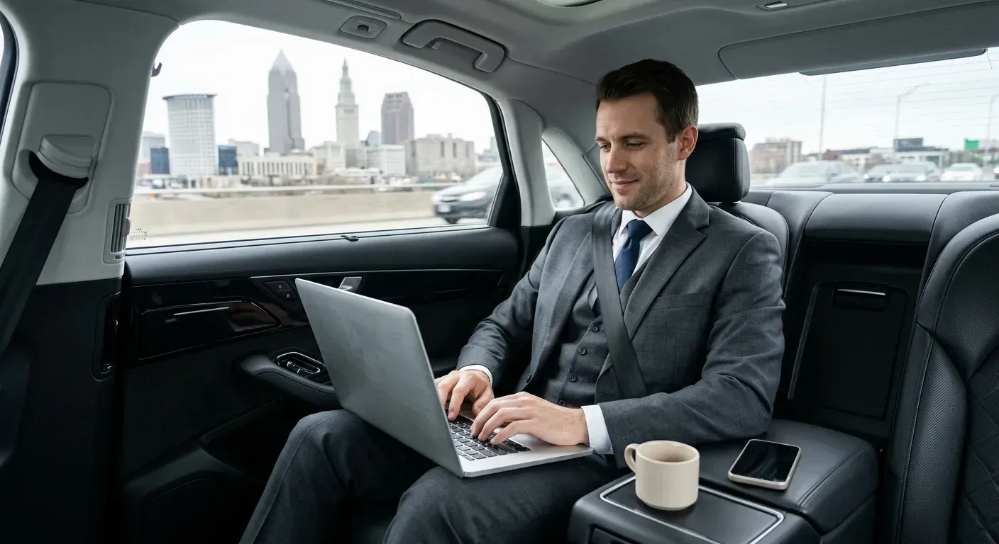 Businessman using a laptop in the back seat of a car with a city skyline outside the window